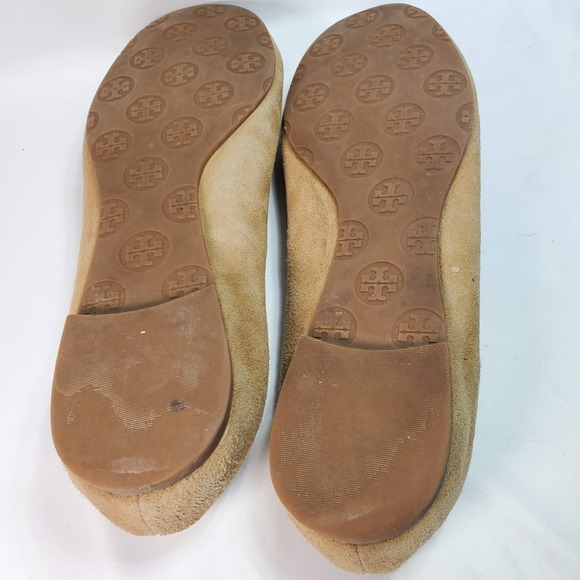 Tory Burch Reva Ballet Flats Shoes 10 M Beige Suede Gold Double T Logo Slip On - Picture 5 of 6